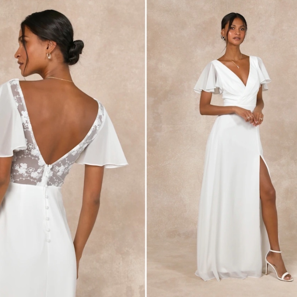 Lulu's White Flutter Sleeve V-Neck Lace Back Maxi Dress